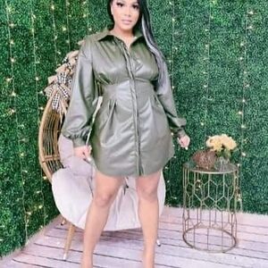 Olive Green Faux Leather Shirt Dress